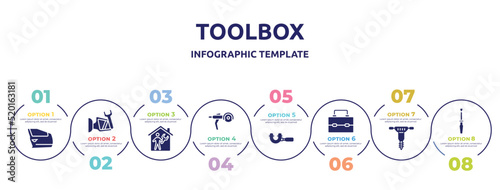 toolbox concept infographic design template. included car door, side mirror, repairman inside a home, grinder, micrometer, lunchbox, hydraulic breaker, repair screwdriver icons and 8 option or