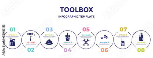 toolbox concept infographic design template. included gaso, painter roller, utensils, tester, double wrench, steamroller, portable radio, gallon oil icons and 8 option or steps.