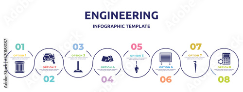 engineering concept infographic design template. included oil filter, car painting, gardening rake, windshield, garden palette, garage wrench, adjustable spanner, mathematics icons and 8 option or