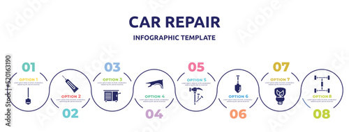 car repair concept infographic design template. included working shovel, caulk, vise, fender, hammer and nail, gardening palette, ecologic light bulb, chassis icons and 8 option or steps.