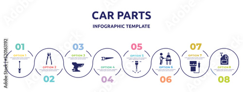 car parts concept infographic design template. included screwdrivers, clamps, bidet, hacksaw, puncture, glassblowing, electric meter, engine oil icons and 8 option or steps.