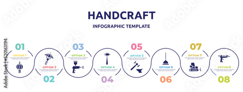 handcraft concept infographic design template. included paper lantern, japanese umbrella, spray paint gun, sledgehammer, blacksmith, plunger, dozer, glue gun icons and 8 option or steps.