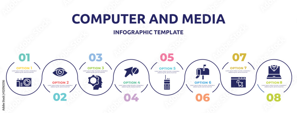 computer and media concept infographic design template. included vintage camera, eye close up, head with cogwheel, forbidden, satellite phone, , window with arrows, laptop with diamond icons and 8 computer and media concept infographic design template. included vintage camera, eye close up, head with cogwheel, forbidden, satellite phone, , window with arrows, laptop with diamond icons and 8