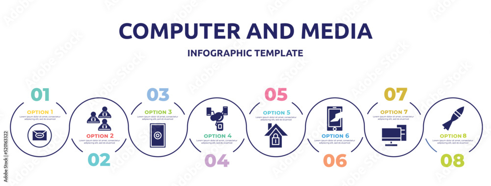 computer and media concept infographic design template. included mail, computer workers team, grip, synchronized devices, home lock, broken sreen, server from client, missile war weapon icons and 8