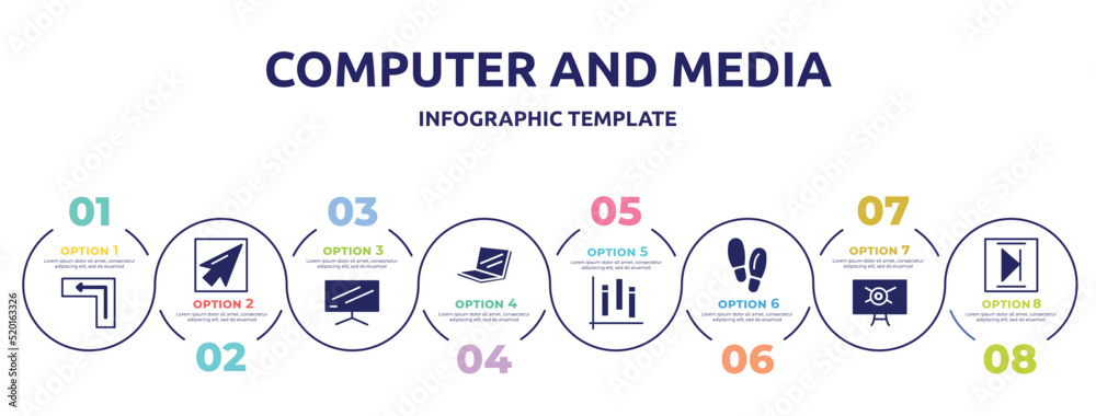 computer and media concept infographic design template. included keyboard key enter, mouse pointer, flatscreen tv, laptop in perspective, chart of columns, footsteps, computer virus, media end icons