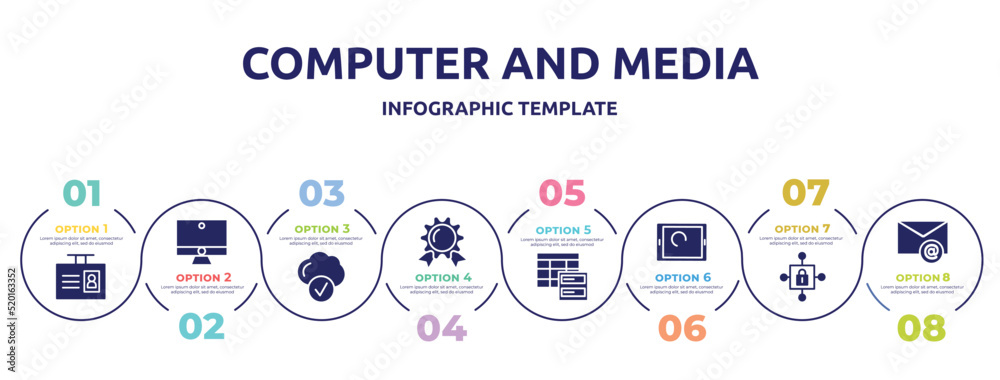 computer and media concept infographic design template. included id badge, computer with monitor, connected clouds, wax seal with ribbon, data spreadsheet, touch screen, locked internet security