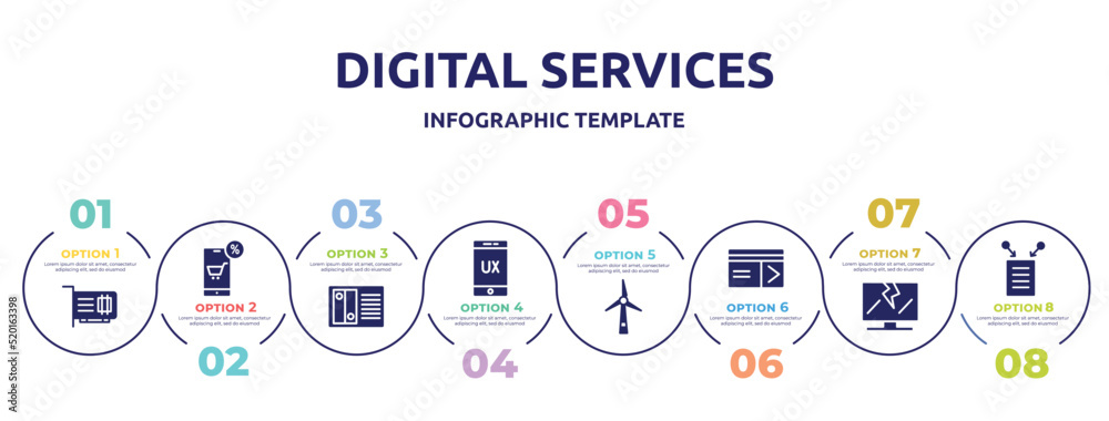 digital services concept infographic design template. included network interface card, mobile shop, nas, ux, wind turbine, keycard, broken laptop, data collection icons and 8 option or steps.