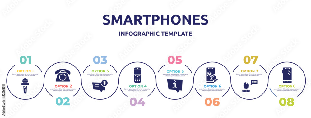 smartphones concept infographic design template. included news microphone, dial phone, important message, old phone speaker, information speech bubble, phone touch, female, with three buttons icons