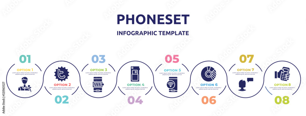 phoneset concept infographic design template. included journalists, tweet, battery with full charge, card back, , donut chart, monologue, hand holding a cellphone icons and 8 option or steps. phoneset concept infographic design template. included journalists, tweet, battery with full charge, card back, , donut chart, monologue, hand holding a cellphone icons and 8 option or steps.
