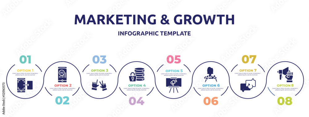 marketing & growth concept infographic design template. included screenshot, 2g, , encrypt, projection, journalist, backup, strenght icons and 8 option or steps. marketing & growth concept infographic design template. included screenshot, 2g, , encrypt, projection, journalist, backup, strenght icons and 8 option or steps.