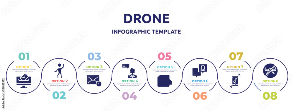 drone concept infographic design template. included elections, enjoy, new message, testimonial, raw file, followers, ringtone, no drone zone icons and 8 option or steps.