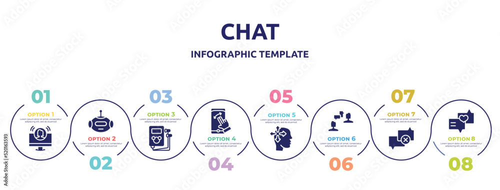 chat concept infographic design template. included teleconference, bot, , swipe, introvert, job interview, calm, love message icons and 8 option or steps. chat concept infographic design template. included teleconference, bot, , swipe, introvert, job interview, calm, love message icons and 8 option or steps.
