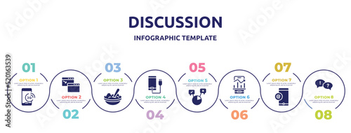 discussion concept infographic design template. included , new window, mashed potato, phone plug, polling, business stats on phone, mobile email, dispute icons and 8 option or steps.