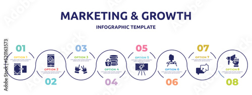 marketing & growth concept infographic design template. included screenshot, 2g, , encrypt, projection, journalist, backup, strenght icons and 8 option or steps.