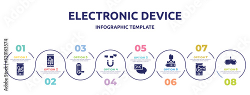 electronic device concept infographic design template. included missed call, low, door lock, magnetic, emails, charged, gif, virtual reality glasses icons and 8 option or steps.