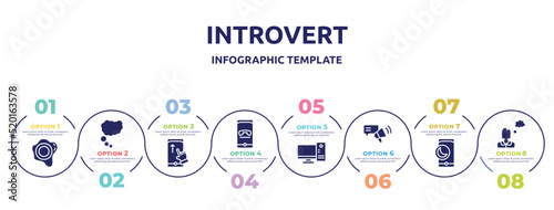 introvert concept infographic design template. included seals, thought bubble, swipe up, hang, desktop computer, testimony, half moon, thoughtful icons and 8 option or steps.