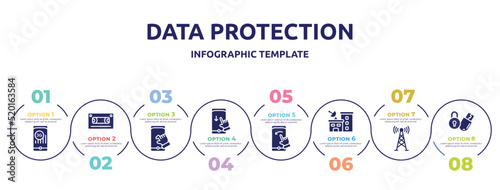 data protection concept infographic design template. included , audio tape, pinch, swipe down, swipe left, station, telecommunication, locking icons and 8 option or steps.