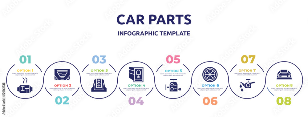 car parts concept infographic design template. included car catalytic converter, car sunroof or sunshine roof, cowl, reversing light, carburettor, spare wheel, oil pump, parcel shelf icons and 8 car parts concept infographic design template. included car catalytic converter, car sunroof or sunshine roof, cowl, reversing light, carburettor, spare wheel, oil pump, parcel shelf icons and 8