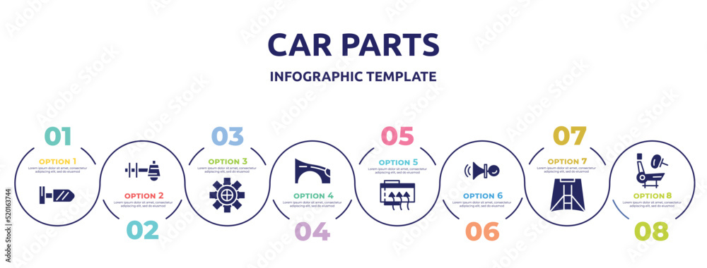 car parts concept infographic design template. included car wing mirror, car sump, sprocket, fender (us, canadian), demister, horn, hood, air bag icons and 8 option or steps. car parts concept infographic design template. included car wing mirror, car sump, sprocket, fender (us, canadian), demister, horn, hood, air bag icons and 8 option or steps.