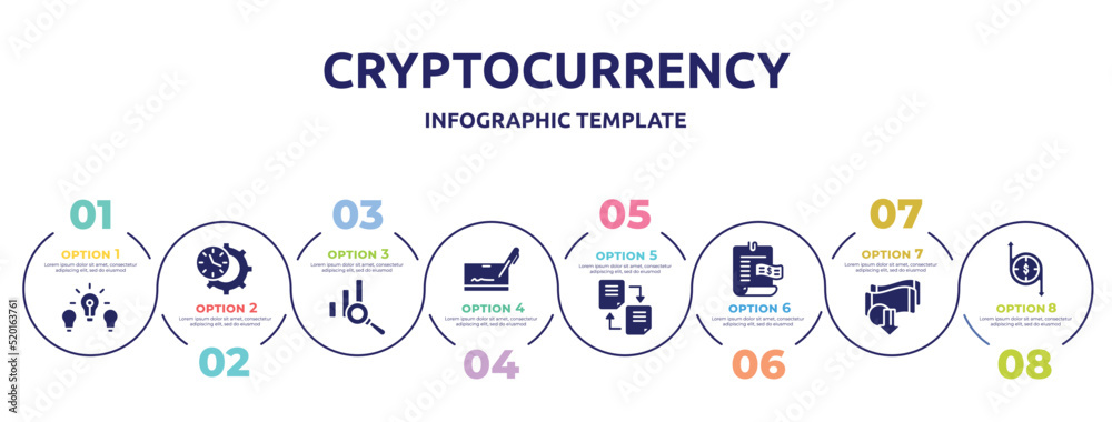 cryptocurrency concept infographic design template. included difference, time management, data analysis, cryptographic, distributed ledger, bills, devaluation, transfering icons and 8 option or cryptocurrency concept infographic design template. included difference, time management, data analysis, cryptographic, distributed ledger, bills, devaluation, transfering icons and 8 option or