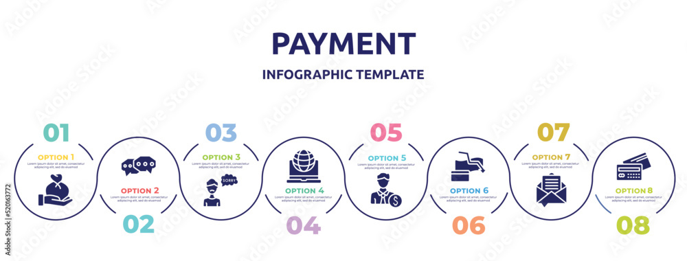 payment concept infographic design template. included wage, chat bubble, apology, intranet, banker, bankrupt, email marketing, debit card icons and 8 option or steps.