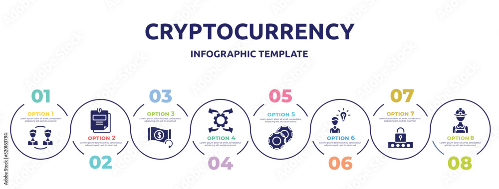 cryptocurrency concept infographic design template. included peer to peer, taxes, refund, possibility, casino chip, opinion, pin code, miner icons and 8 option or steps. cryptocurrency concept infographic design template. included peer to peer, taxes, refund, possibility, casino chip, opinion, pin code, miner icons and 8 option or steps.