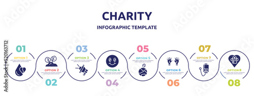 charity concept infographic design template. included heart drop, reforestation, loudspeaker, smiley face, enviromental protection, voluntary service, blood donation, animal rights icons and 8