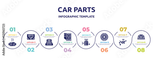 car parts concept infographic design template. included car catalytic converter, car sunroof or sunshine roof, cowl, reversing light, carburettor, spare wheel, oil pump, parcel shelf icons and 8