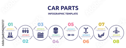 car parts concept infographic design template. included car distributor cap, car pedal, radiator, oil filter, petrol cap, chassis, mud flap, jack icons and 8 option or steps.