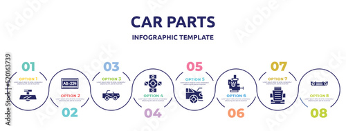 car parts concept infographic design template. included car rear-view mirror, car numberplate, soft top, universal joint, boot, choke, bucket seat, bumper icons and 8 option or steps.