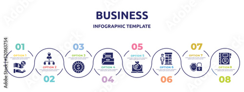 business concept infographic design template. included commission, hierarchical structure, dollar coin, files and folders, bank on, retailer, encryption, contact book icons and 8 option or steps.