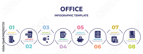 office concept infographic design template. included oil barrel, mobile payment, coworking, enquiry, piggybank, personal profile, estimate, contact list icons and 8 option or steps.