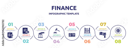 finance concept infographic design template. included confirmation, planing, bank rate, bid, cheque, abacus, reduction, worldwide icons and 8 option or steps.