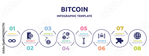 bitcoin concept infographic design template. included web link, stock price, bitcoin mining, money exchange, wrenches, cryptography, puzzle piece, network icons and 8 option or steps.