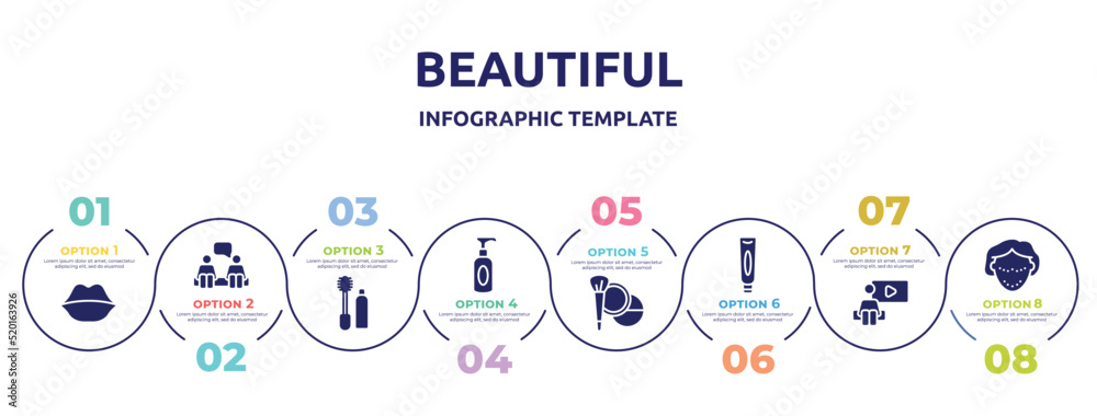 beautiful concept infographic design template. included big lips, consultation, flanges mascara, soap for hands, cosmetic, facial cream tube, watching, botox icons and 8 option or steps.