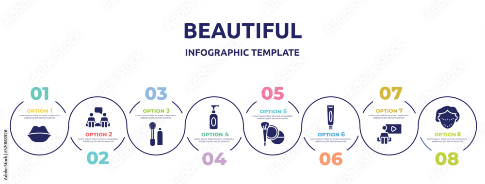 beautiful concept infographic design template. included big lips, consultation, flanges mascara, soap for hands, cosmetic, facial cream tube, watching, botox icons and 8 option or steps. beautiful concept infographic design template. included big lips, consultation, flanges mascara, soap for hands, cosmetic, facial cream tube, watching, botox icons and 8 option or steps.