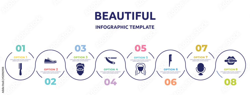 beautiful concept infographic design template. included hair comb, pair of sneakers, hipster beard, shave blade, hairdress, hairbrush, make up mirror, women lipstick icons and 8 option or steps.