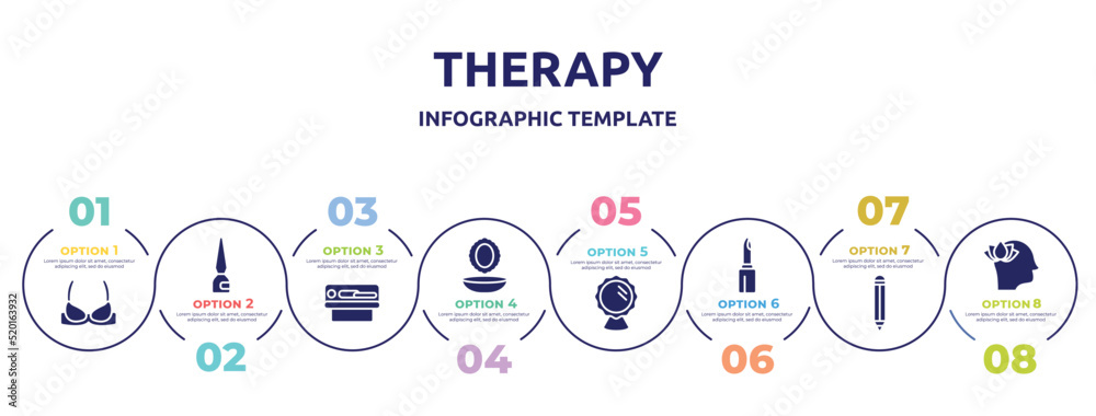 therapy concept infographic design template. included brassiere, eye, solarium, powder and mirror, mirror reflection, lipstick cosmetic, eye pencil, mindfulness icons and 8 option or steps.