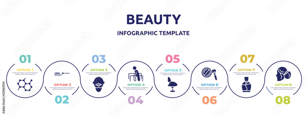 beauty concept infographic design template. included molecular, teeth brush, bold man with moustache, physiotherapy, comfortable chair, cheek brush, small perfume bottle, women hairstyling icons and