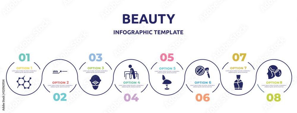 beauty concept infographic design template. included molecular, teeth brush, bold man with moustache, physiotherapy, comfortable chair, cheek brush, small perfume bottle, women hairstyling icons and beauty concept infographic design template. included molecular, teeth brush, bold man with moustache, physiotherapy, comfortable chair, cheek brush, small perfume bottle, women hairstyling icons and