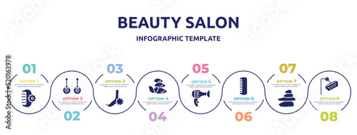 beauty salon concept infographic design template. included hair clamp, two earrings, pedicure, three stones, hairdryer facing left, men comb, spa stones, shower head icons and 8 option or steps.