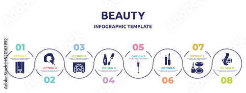 beauty concept infographic design template. included infrared, mesotherapy, burner, mascara makeup, nail brush, lip matt, make up kit, curl icons and 8 option or steps.