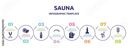 sauna concept infographic design template. included medical tools, lemon slice, nail, eyelashes, medical report, , brushes, birch whisk icons and 8 option or steps.