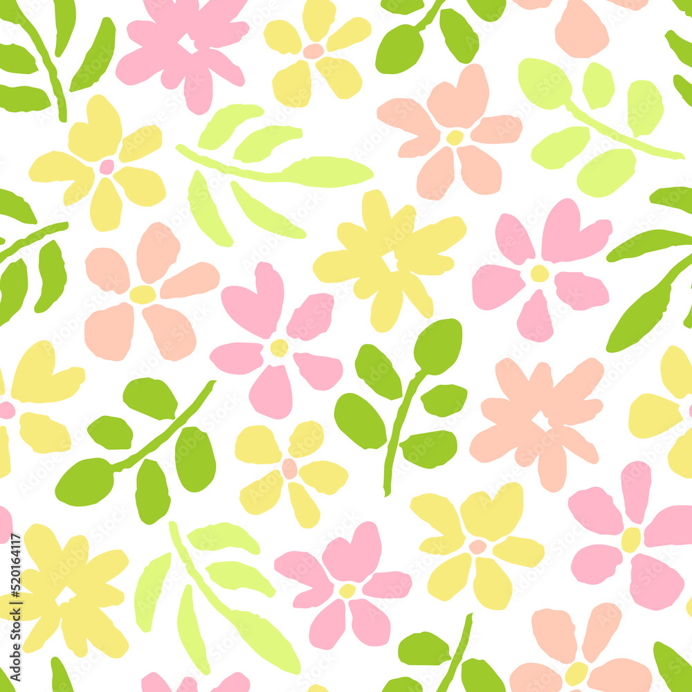 Cute floral vector seamless pattern. Pink, yellow flowers, green leaves on a white background. For fabric prints, textiles, clothing. Spring-summer collection. Cute floral vector seamless pattern. Pink, yellow flowers, green leaves on a white background. For fabric prints, textiles, clothing. Spring-summer collection.