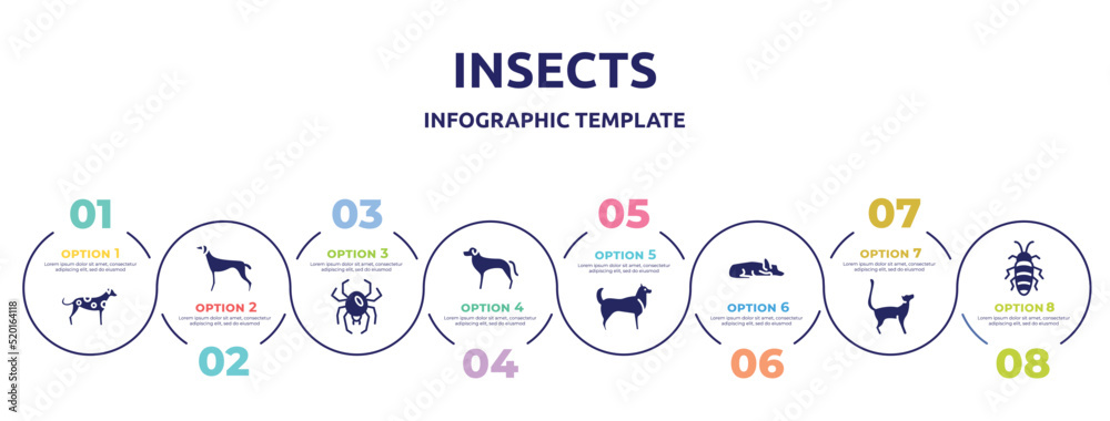 insects concept infographic design template. included dalmatian, greyhound, spider black widow, rottweiler, husky, sad dog, bengal cat, madagascan icons and 8 option or steps. insects concept infographic design template. included dalmatian, greyhound, spider black widow, rottweiler, husky, sad dog, bengal cat, madagascan icons and 8 option or steps.