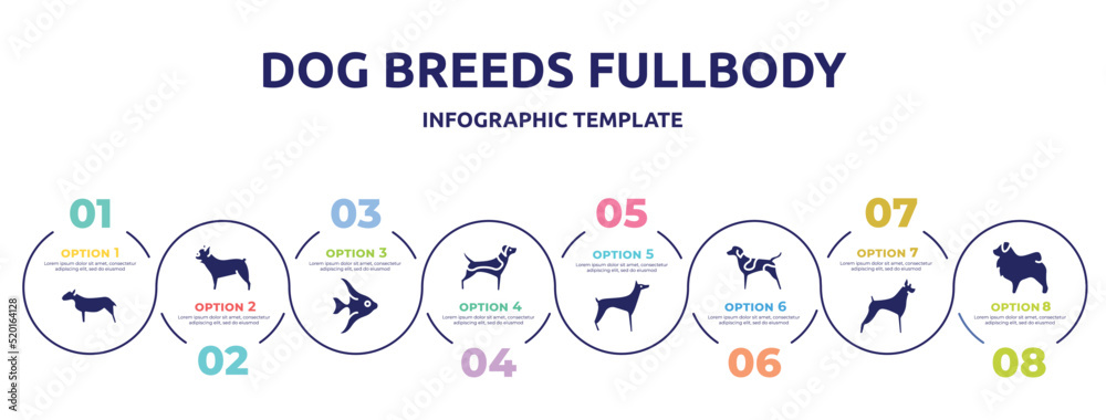dog breeds fullbody concept infographic design template. included bullterrier, french bulldog, angelfish, beagle, doberman, german shorthaired pointer, boxer, tibetan mastiff icons and 8 option or