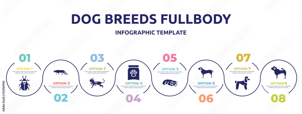 dog breeds fullbody concept infographic design template. included pollen beetle, snowshoe cat, toyger cat, treat, dog sleeping, english mastiff, poodle, shar pei icons and 8 option or steps. dog breeds fullbody concept infographic design template. included pollen beetle, snowshoe cat, toyger cat, treat, dog sleeping, english mastiff, poodle, shar pei icons and 8 option or steps.