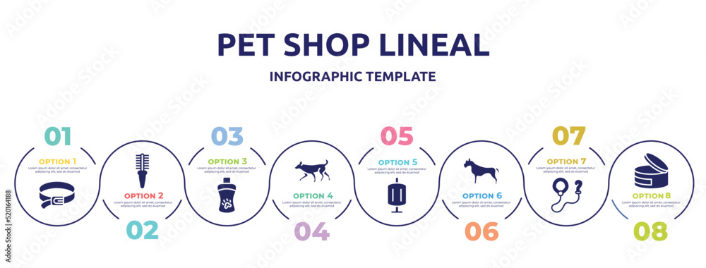 Obraz premium pet shop lineal concept infographic design template. included dog leads, flea comb, shampoo, dog running, sponge filter, pitbull, leash, canned food icons and 8 option or steps.
