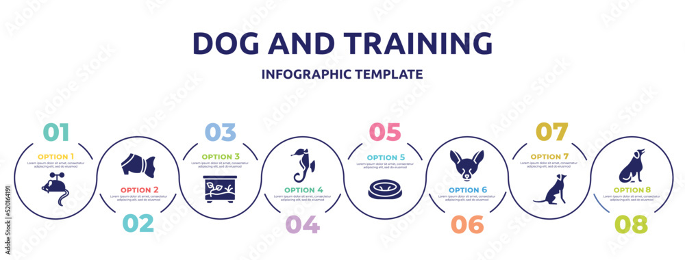 dog and training concept infographic design template. included toy mouse, pet dress, terraraium, sea horse, pet bed, fennec fox head, dog seatting, dog seating icons and 8 option or steps. dog and training concept infographic design template. included toy mouse, pet dress, terraraium, sea horse, pet bed, fennec fox head, dog seatting, dog seating icons and 8 option or steps.