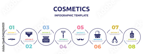 cosmetics concept infographic design template. included curling tongs, underclo, hair cream, shaving razor, facial hair, hand bag, nail scissors, nail polish remover icons and 8 option or steps.